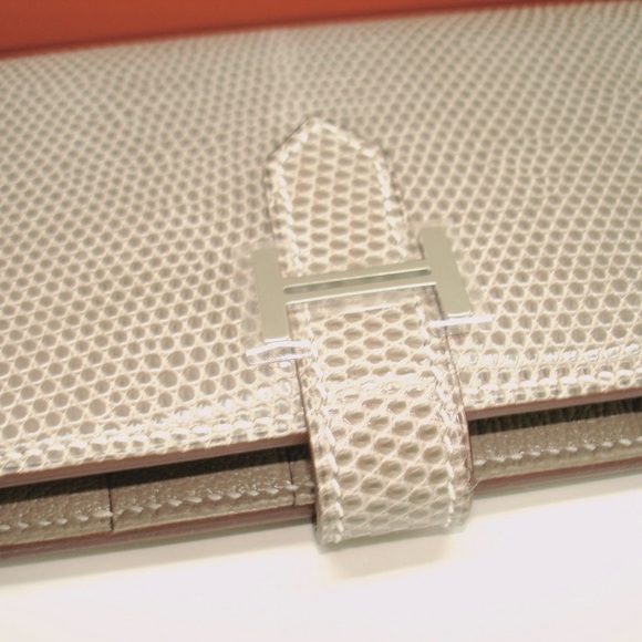 Hermes authentic Bearn wallet light gray lizard chevre leather new palladium box